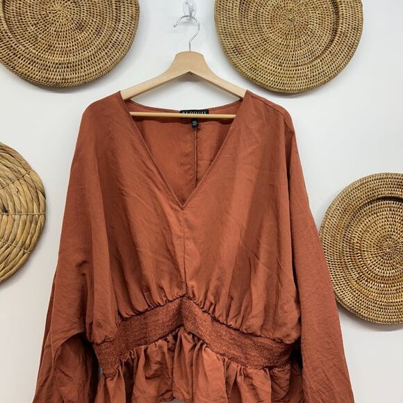 Eloquii Brown Neutral Smocked Waist Peplum Long Sleeve Blouse Top Plus Size 26 - Picture 4 of 7